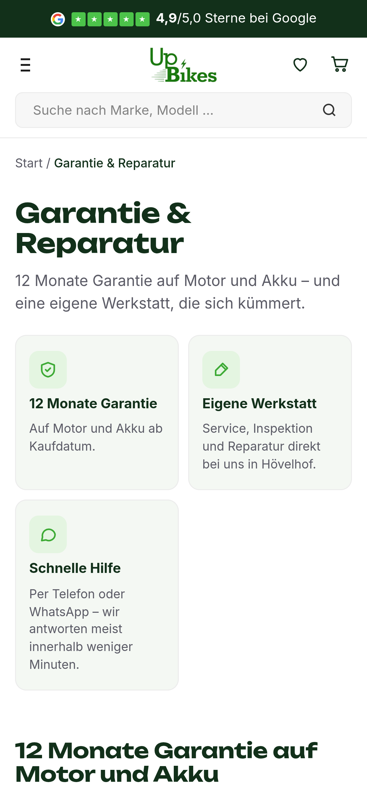 UpBikes Garantie-Seite auf dem Smartphone – Rechtstexte und Versprechen mobil