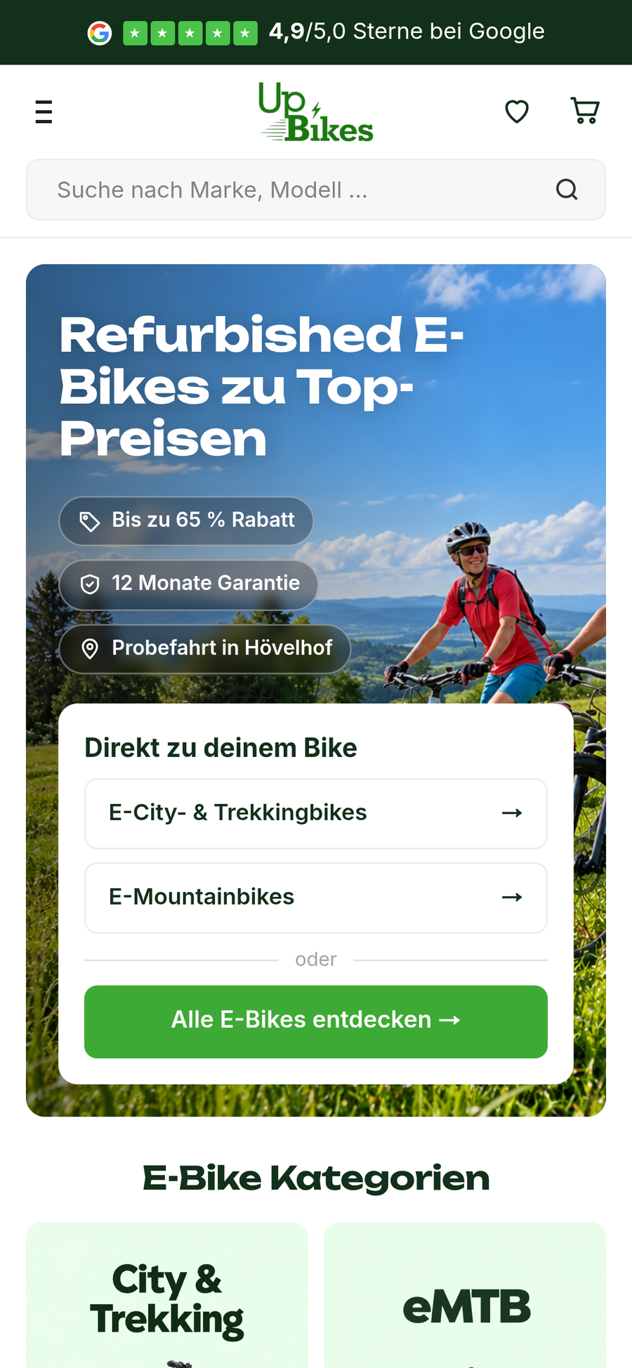 UpBikes Shopify-Shop nach dem Launch – Startseite mit E-Bike-Kategorien