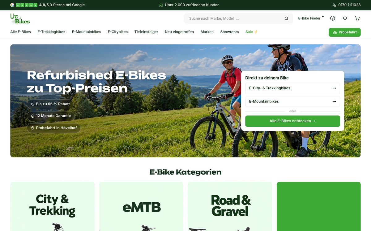 Produktkarten im UpBikes Shopify-Shop mit Baujahr, Kilometerstand und Rahmenhöhe