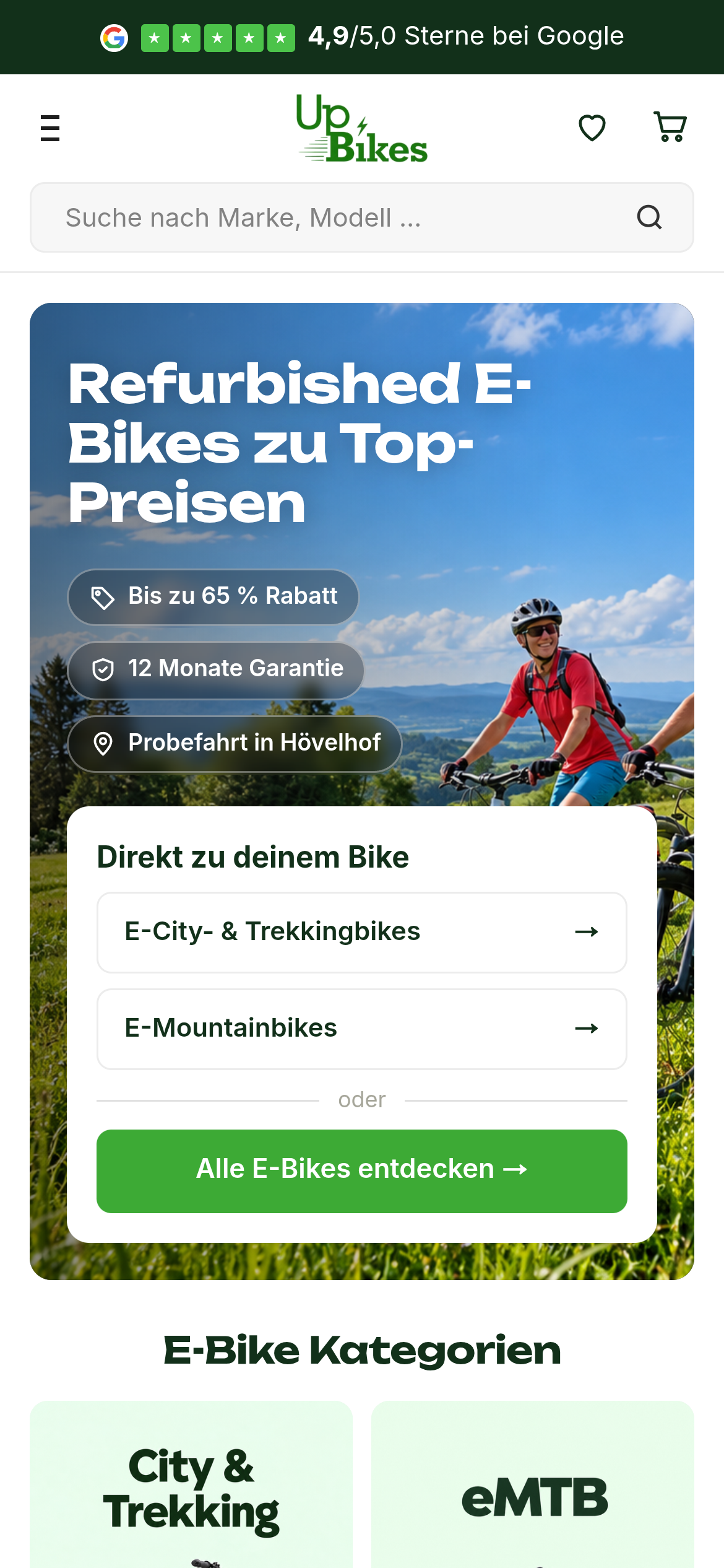 Mobile Ansicht des UpBikes Shopify-Shops mit Kategorien und E-Bike Finder