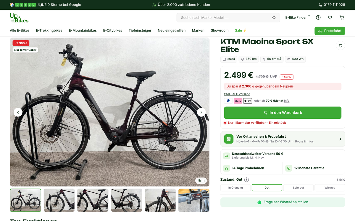 UpBikes Produktseite mit Garantie-Versprechen, Zustandsbildern und Klarna-Ratenkauf